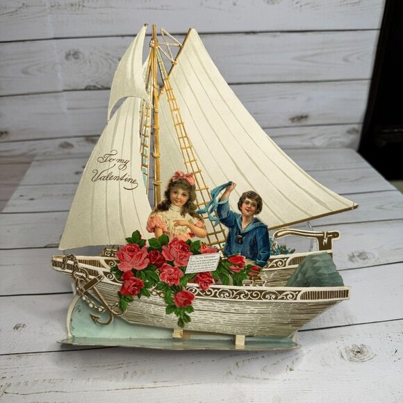 Vintage 1930's To my Valentine Victorian 3D Sailboat Pop Card Couple Celebration - Picture 4 of 9